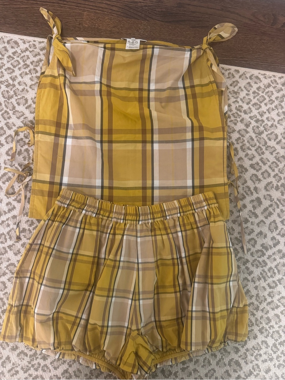 Sea Mustard Plaid Tie-Shoulder Top & Elastic-Waist Shorts